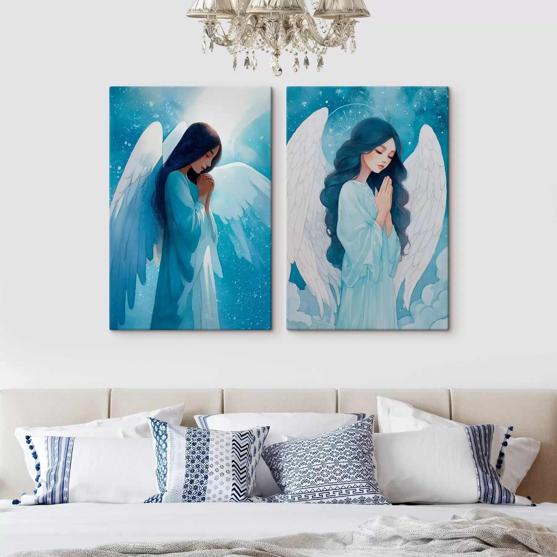 Картина Сучасне сакральне мистецтво в стилі акварелі із зображенням ангела-охоронця в блакитній мантії m01153