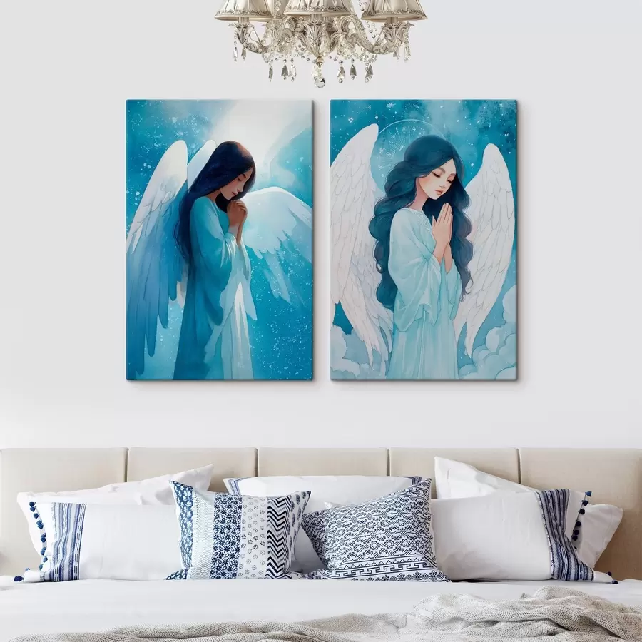 Картина Сучасне сакральне мистецтво в стилі акварелі із зображенням ангела-охоронця в блакитній мантії m01153