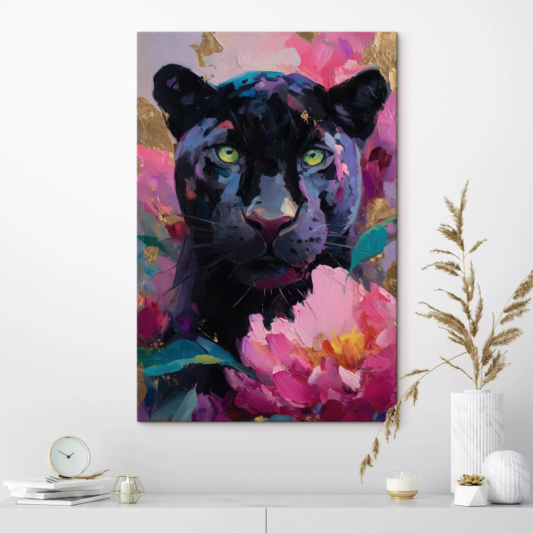 Картина чорна пантера серед півоній s47935