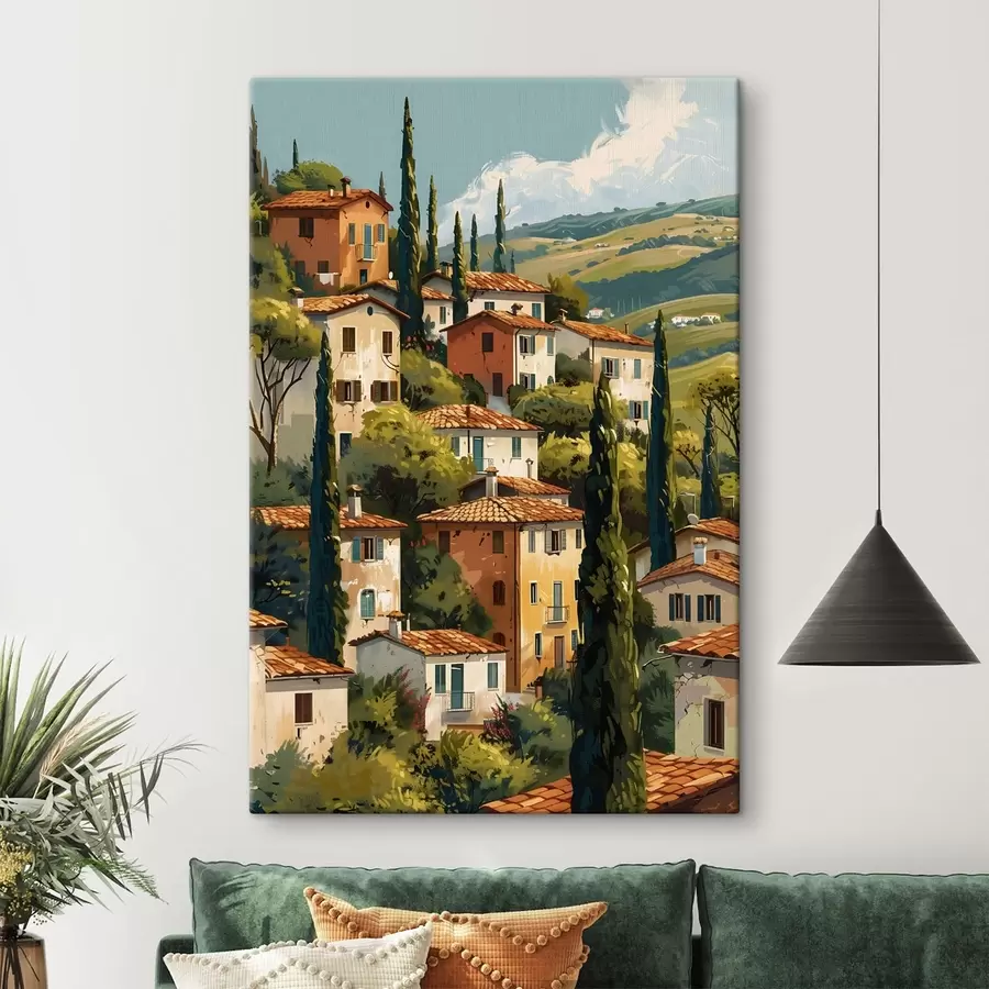 Картина середземноморське село на схилі пагорба, ряди будинків теплих відтінків з теракотовими дахами s47950
