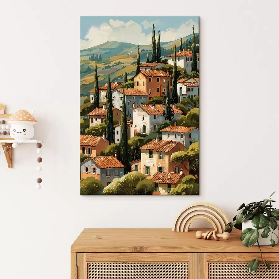 Картина середземноморське село на схилі пагорба, ряди будинків теплих відтінків з теракотовими дахами s47951