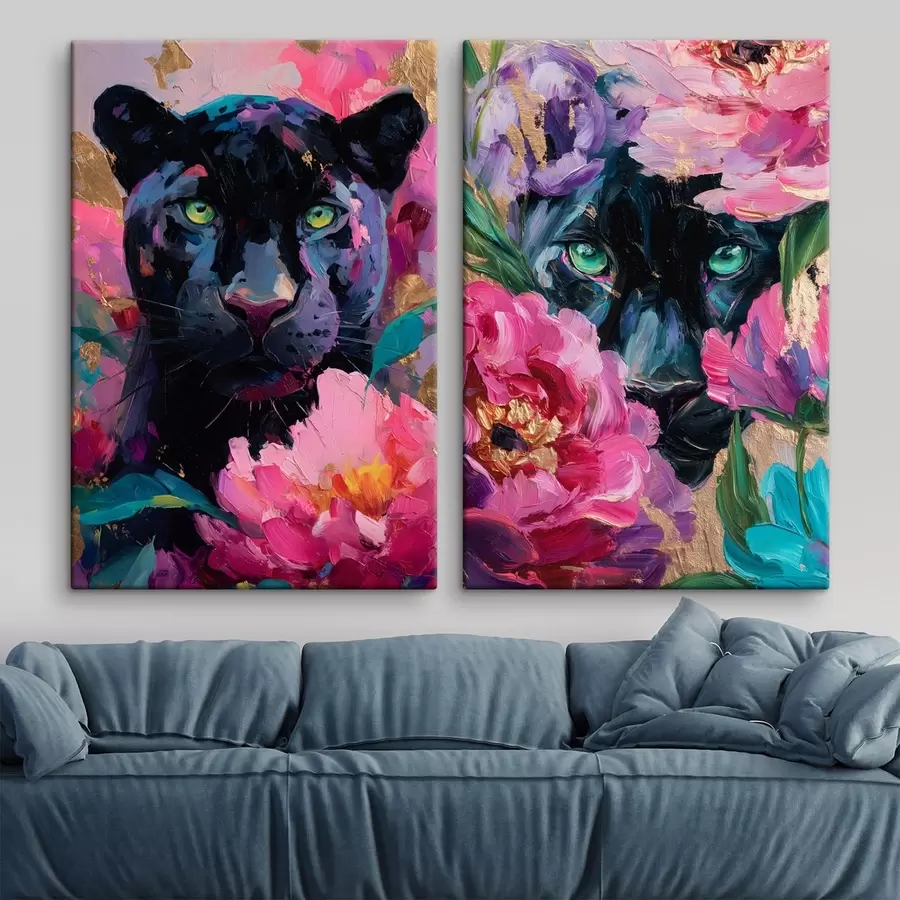 Картина чорна пантера серед півоній m30090