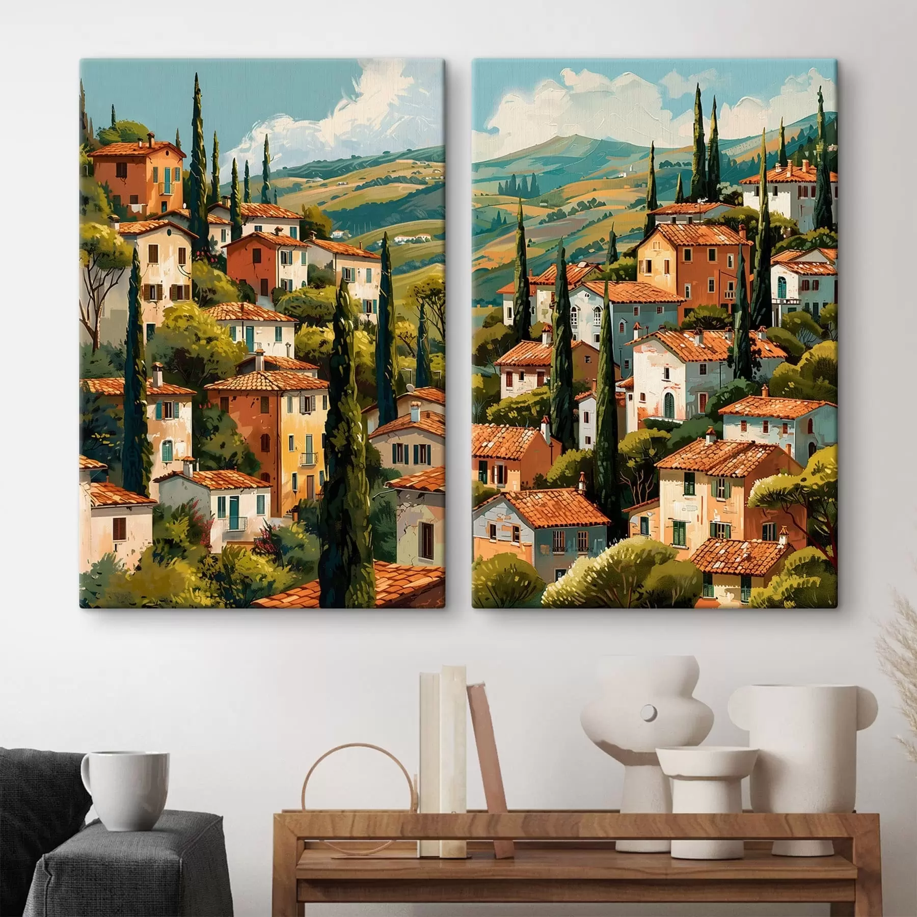 Картина середземноморське село на схилі пагорба, ряди будинків теплих відтінків з теракотовими дахами m30097