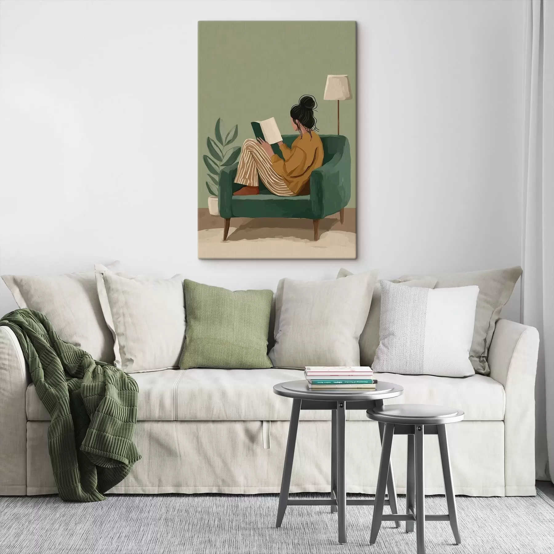 Картина мінімалістична затишна ілюстрація жінки, яка сидить у кріслі і читає s48118