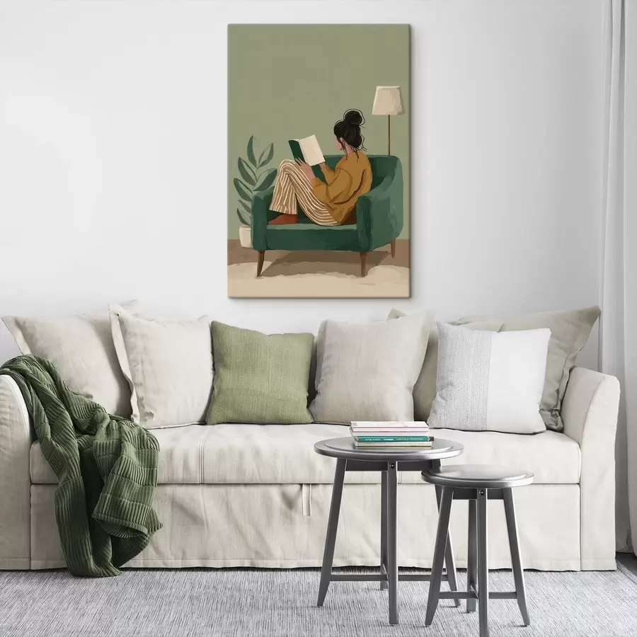 Картина мінімалістична затишна ілюстрація жінки, яка сидить у кріслі і читає s48118
