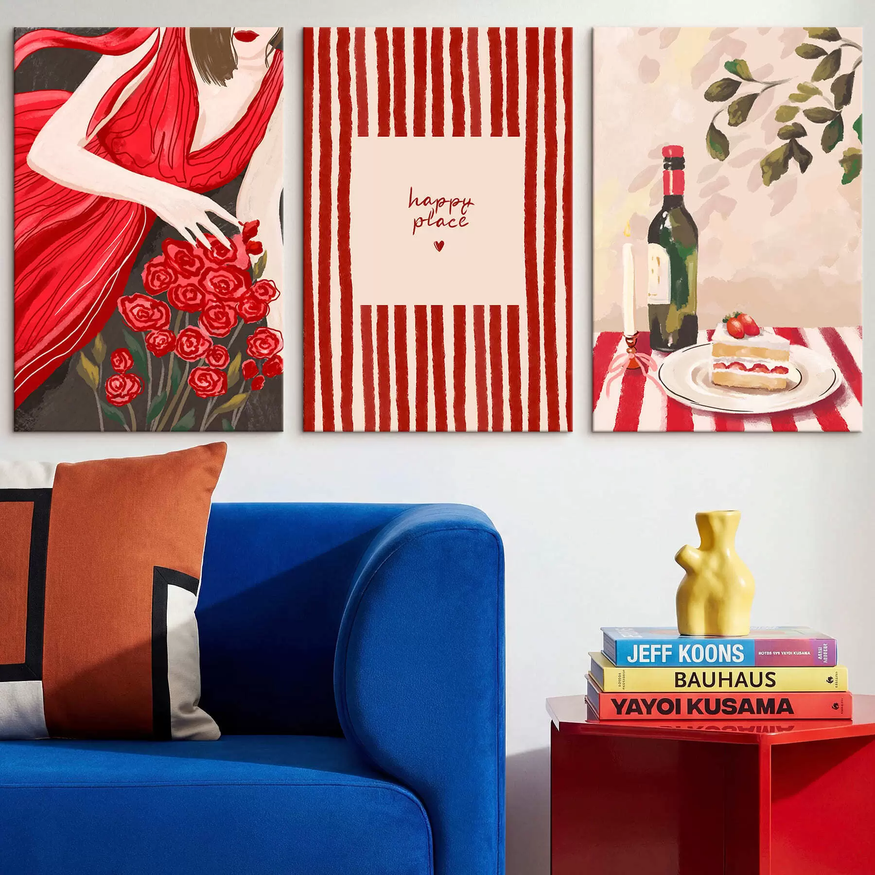 Картина Жінка з трояндами, смугастим плакатом і столом m30099