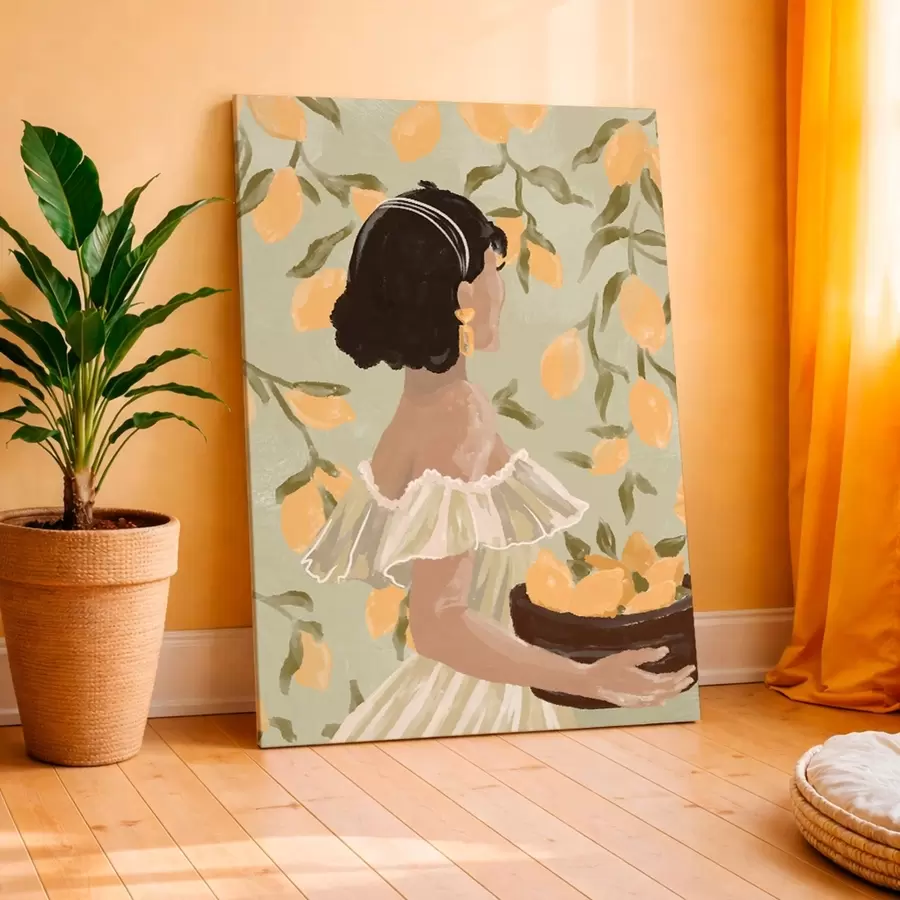 Картина Жінка тримає миску з лимонами за гілки s48023