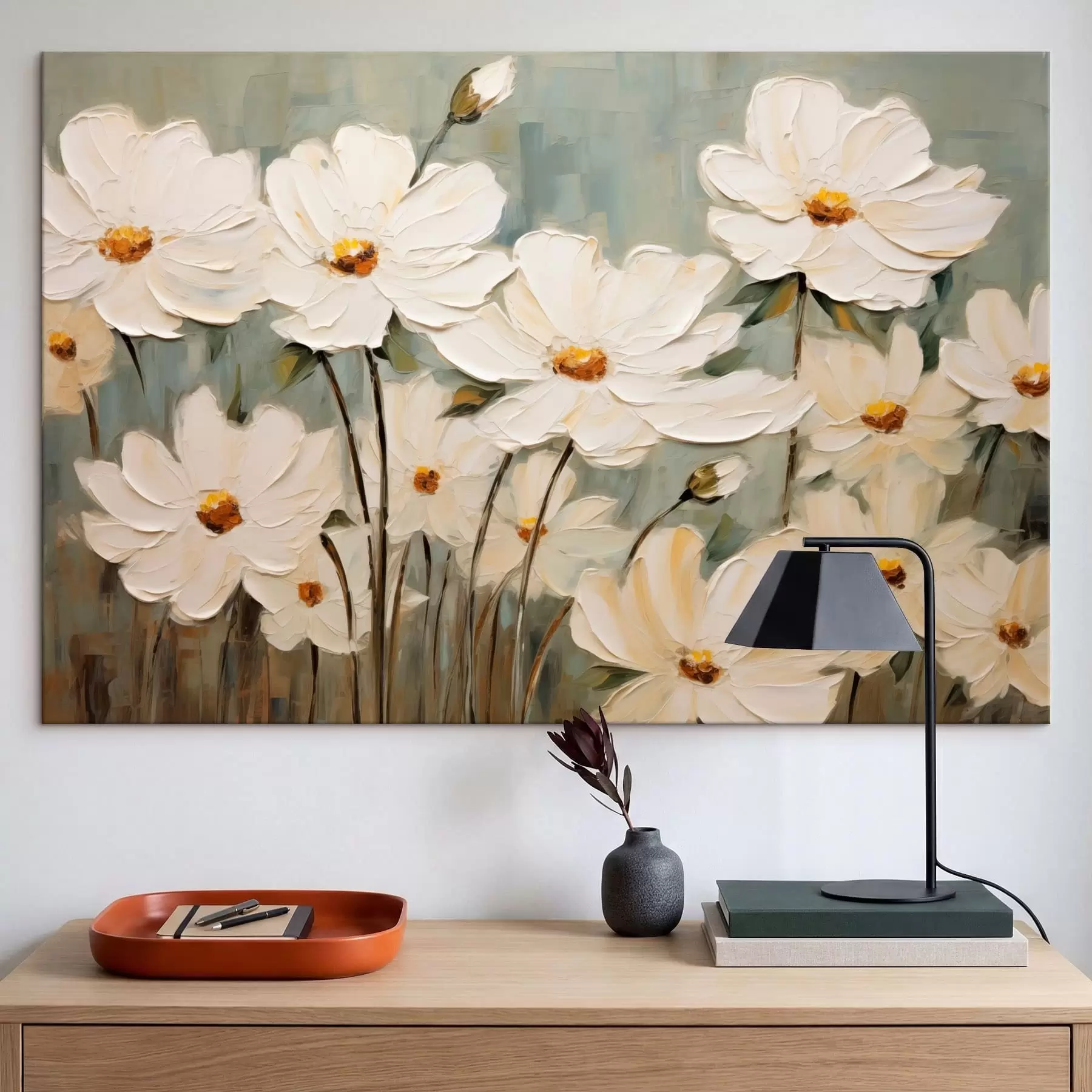 Картина Білі квіти на фактурному тлі, мазки пензлем s48094