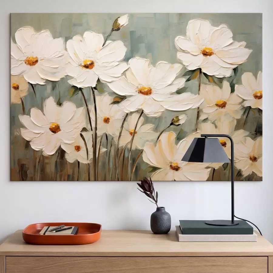 Картина Білі квіти на фактурному тлі, мазки пензлем s48094