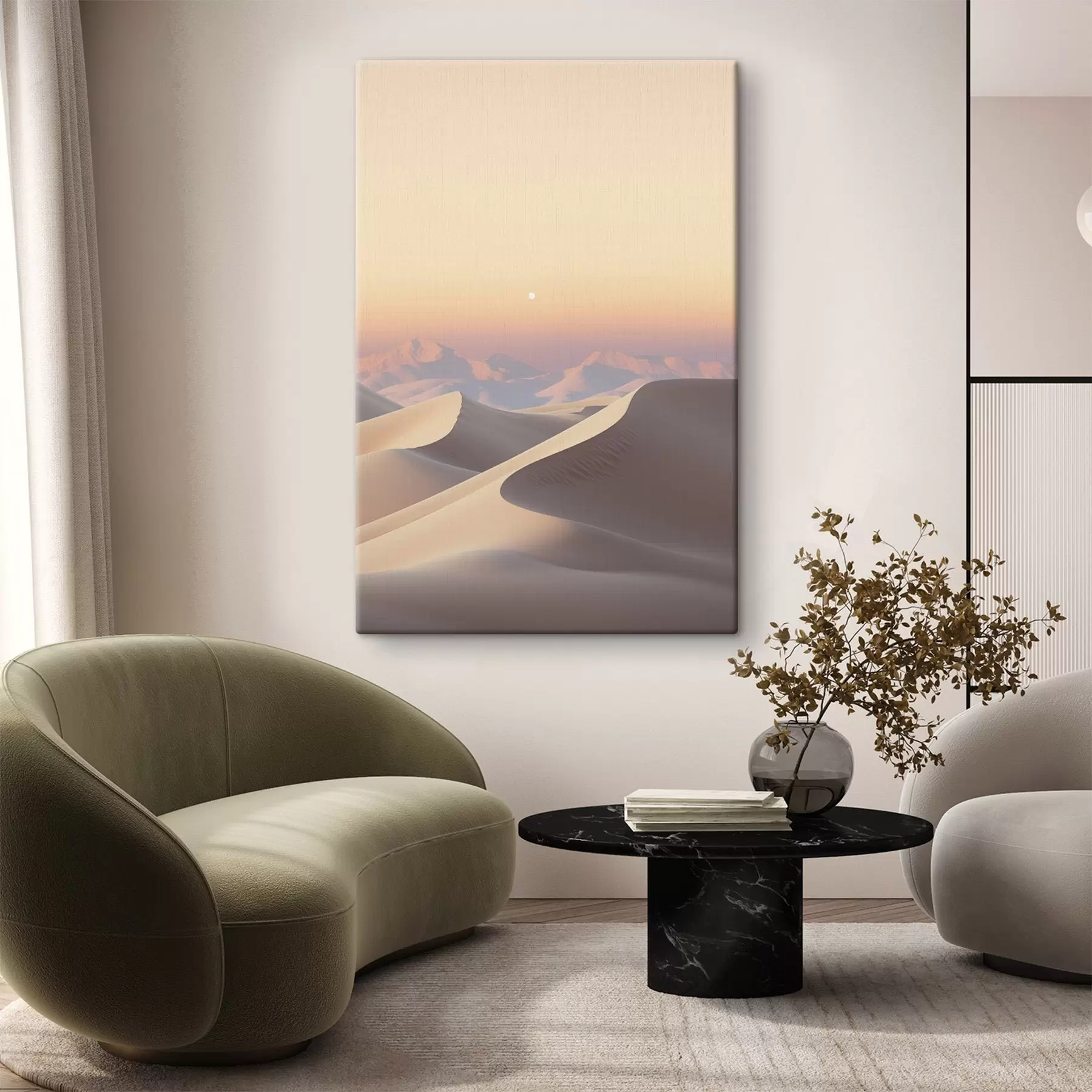 Картина Пустельний пейзаж з хвилястими піщаними дюнами під м'яким пастельним небом, далекі гори на задньому плані s47865