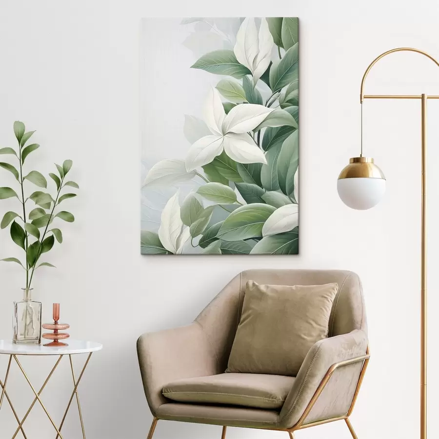 Картина Білі квіти з зеленим листям, пастельний фон s47870