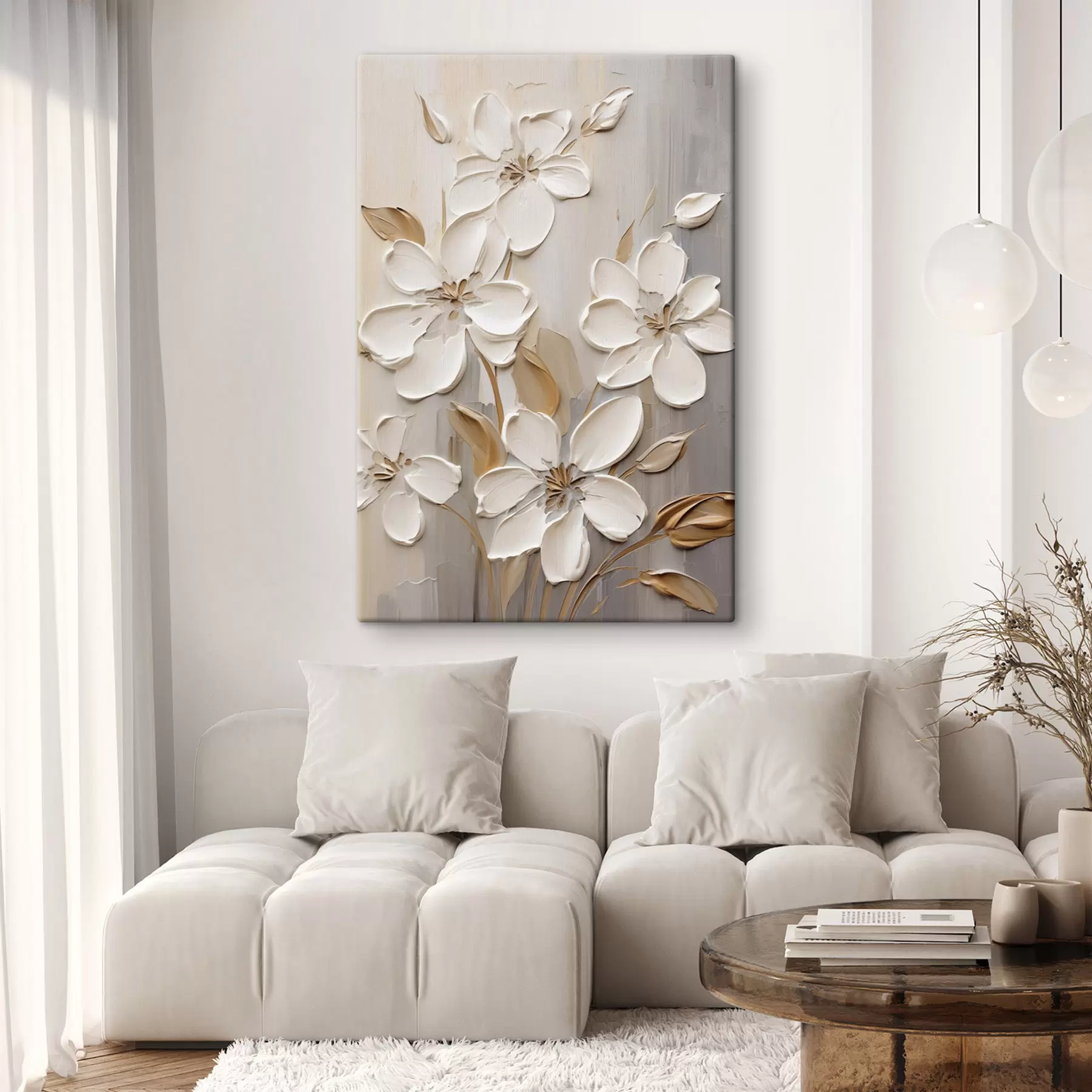 Картина Абстрактні білі квіти з фактурними пелюстками на нейтральному тлі з тонким імітуванням мазків пензля s47874