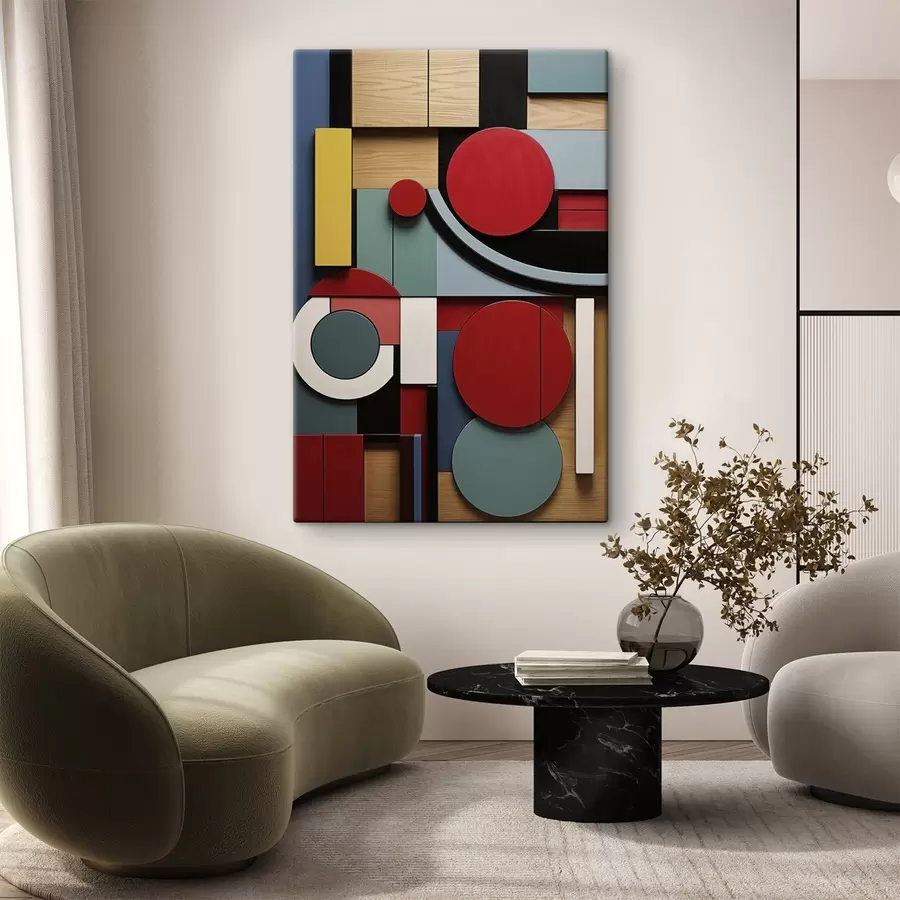 Картина Абстрактна геометрична композиція з імітацією текстури дерева, червоними, чорними, білими та бірюзовими прямокутниками та колами s47876