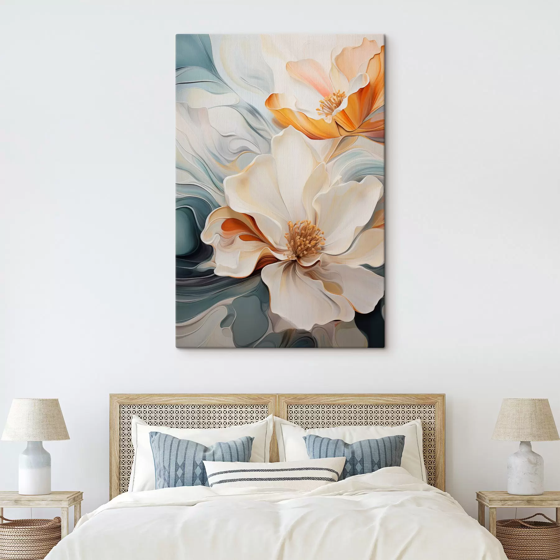 Картина Абстрактна велика квітка з білими, помаранчевими та блакитними пелюстками, фактурний фон s47878