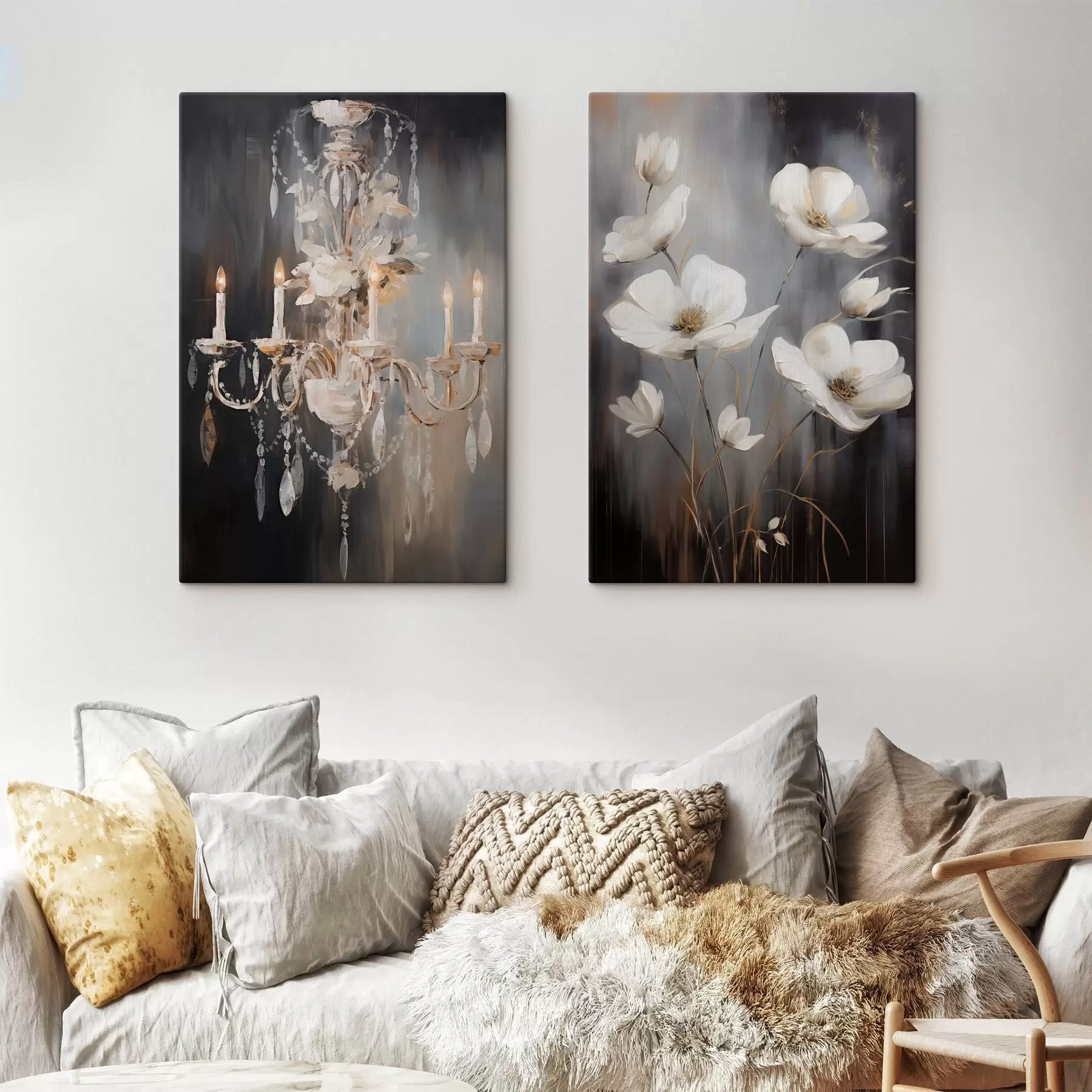 Картина Абстрактна вишукана люстра з запаленими свічками та квітковим орнаментом на темному текстурованому тлі m30049