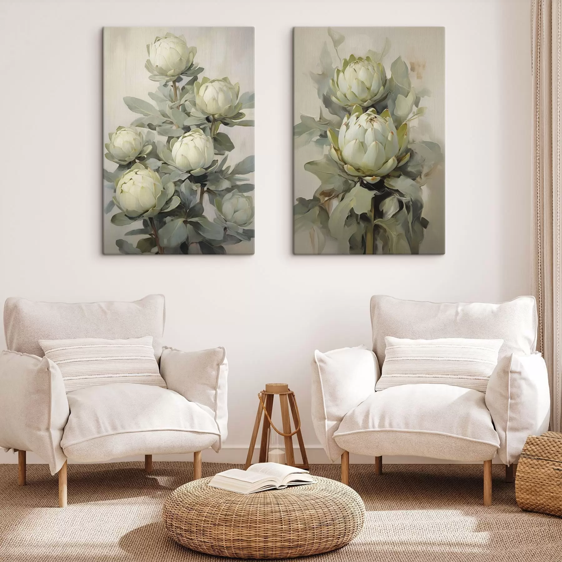 Картина Стиль живопису декількох білих квітів протеї з великими зеленими листям на світлому тлі m30051