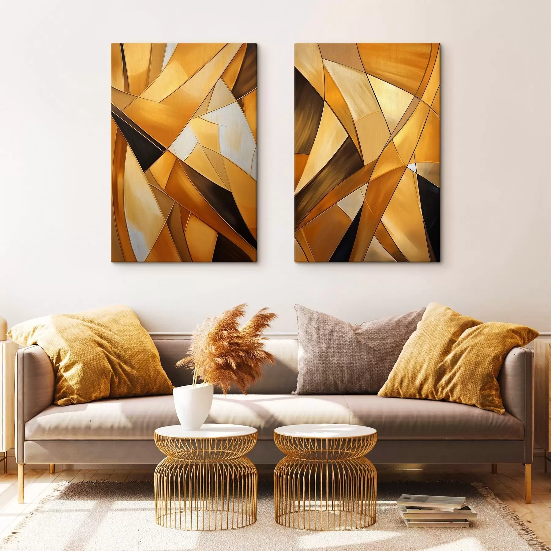 Картина Абстрактні геометричні фігури в відтінках оранжевого, коричневого та білого кольорів з тонкими контурами на фактурному тлі m30052