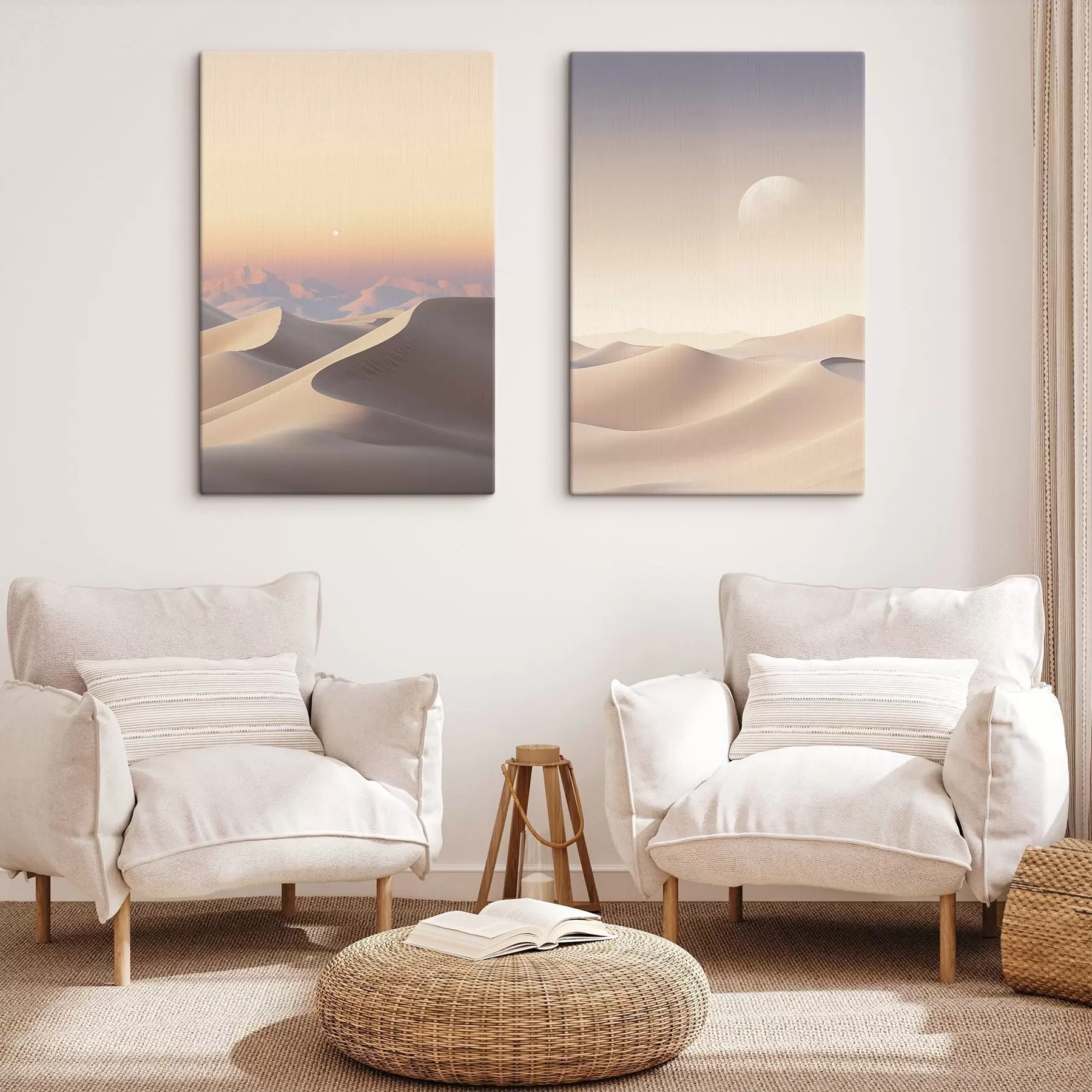 Картина Пустельний пейзаж з хвилястими піщаними дюнами під м'яким пастельним небом, далекі гори на задньому плані m30053