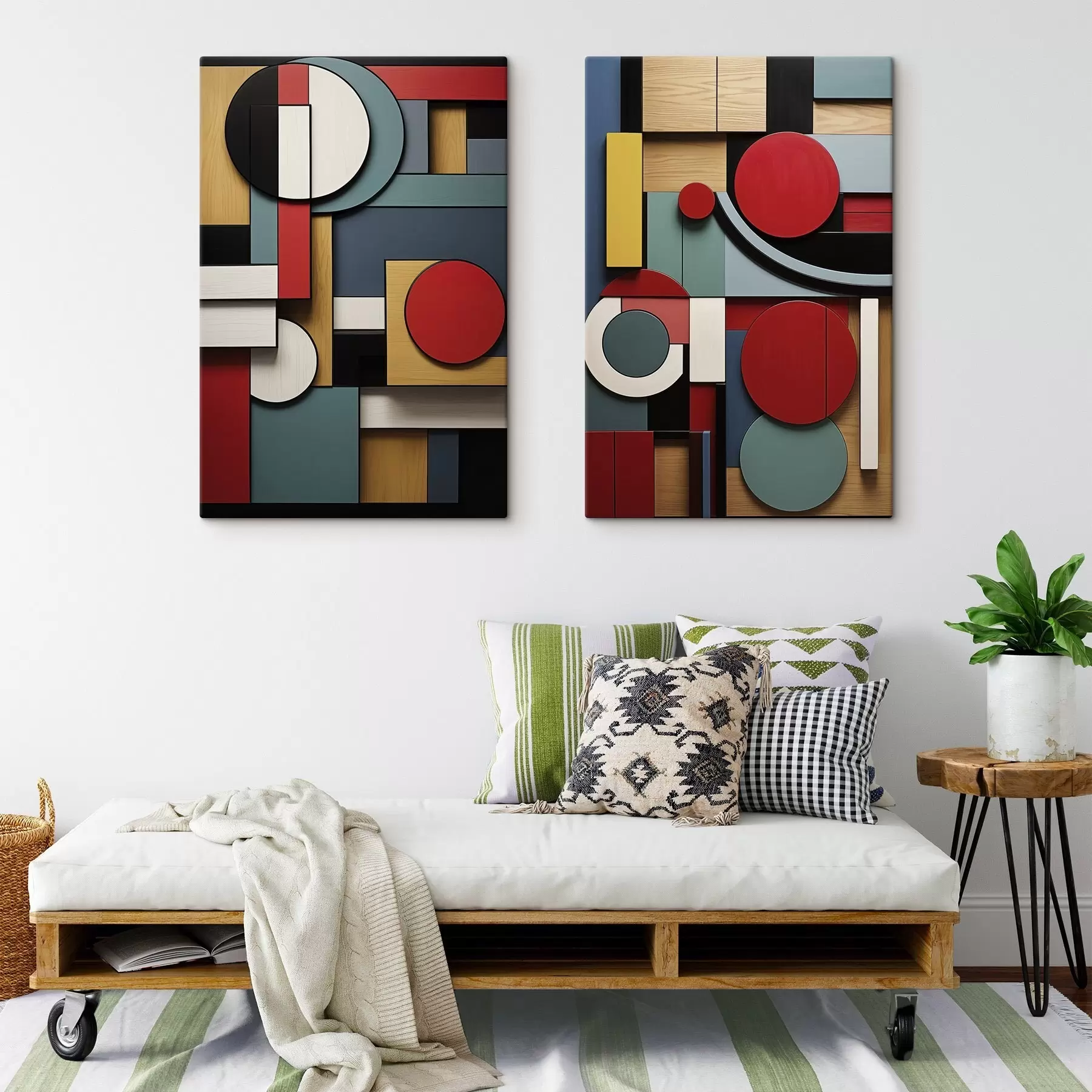 Картина Абстрактна геометрична композиція з імітацією текстури дерева, червоними, чорними, білими та бірюзовими прямокутниками та колами m30058