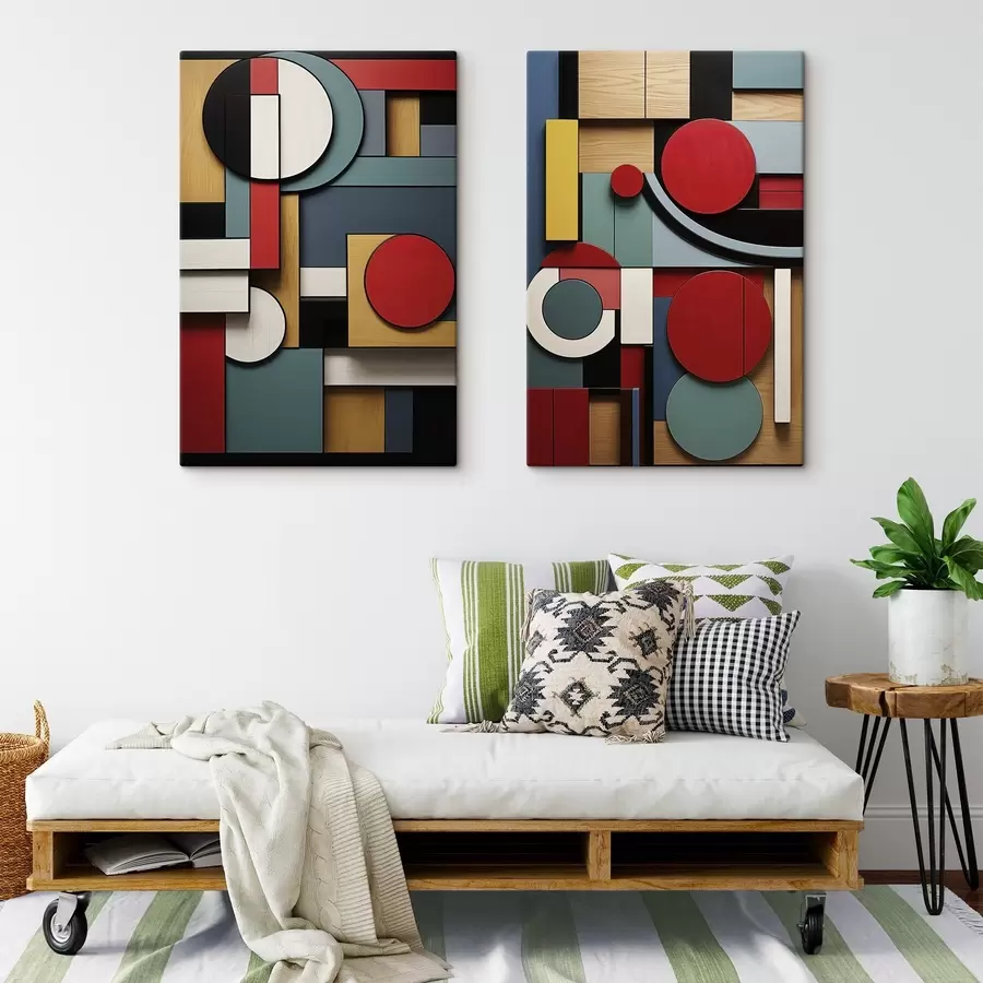 Картина Абстрактна геометрична композиція з імітацією текстури дерева, червоними, чорними, білими та бірюзовими прямокутниками та колами m30058