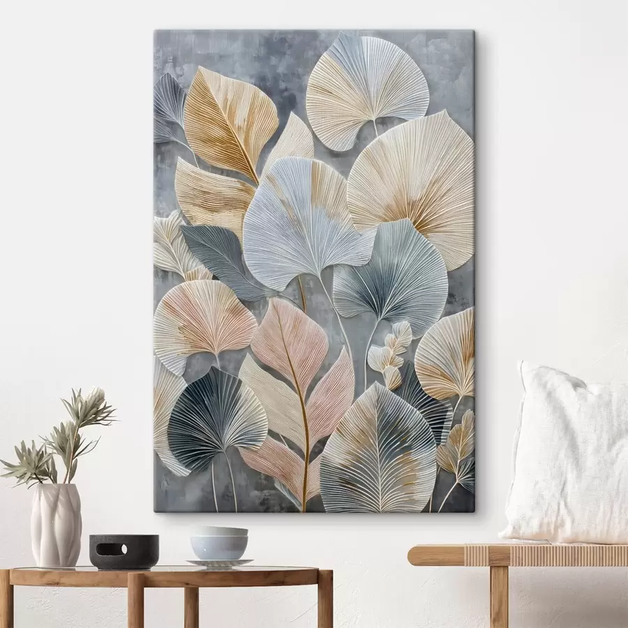 Картина Різнобарвне декоративне листя з вираженою текстурою на темному тлі s47964