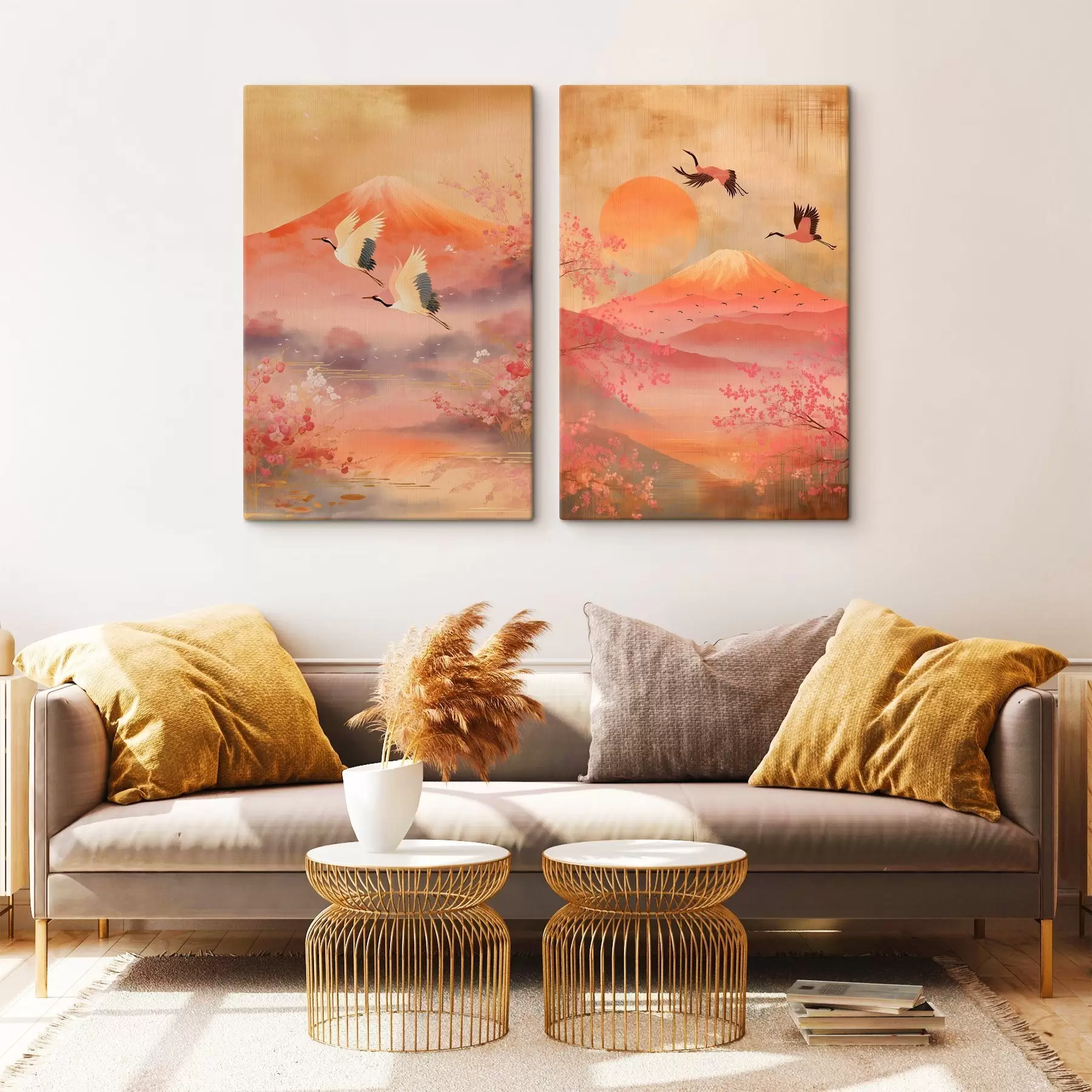 Картина Японський пейзаж з журавлями та горою Фудзі в класичному ілюстративному стилі m30042