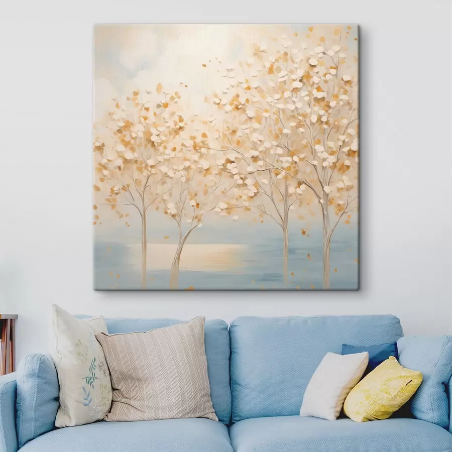 Картина Картина у фактурному стилі, на якій зображені дерева з білим та жовтим листям на світло-блакитному тлі s48392
