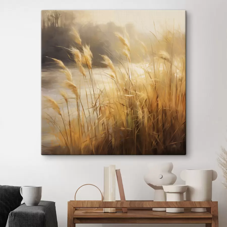 Картина На передньому плані — висока суха трава з колосками, а на задньому — озеро та дерева s48394