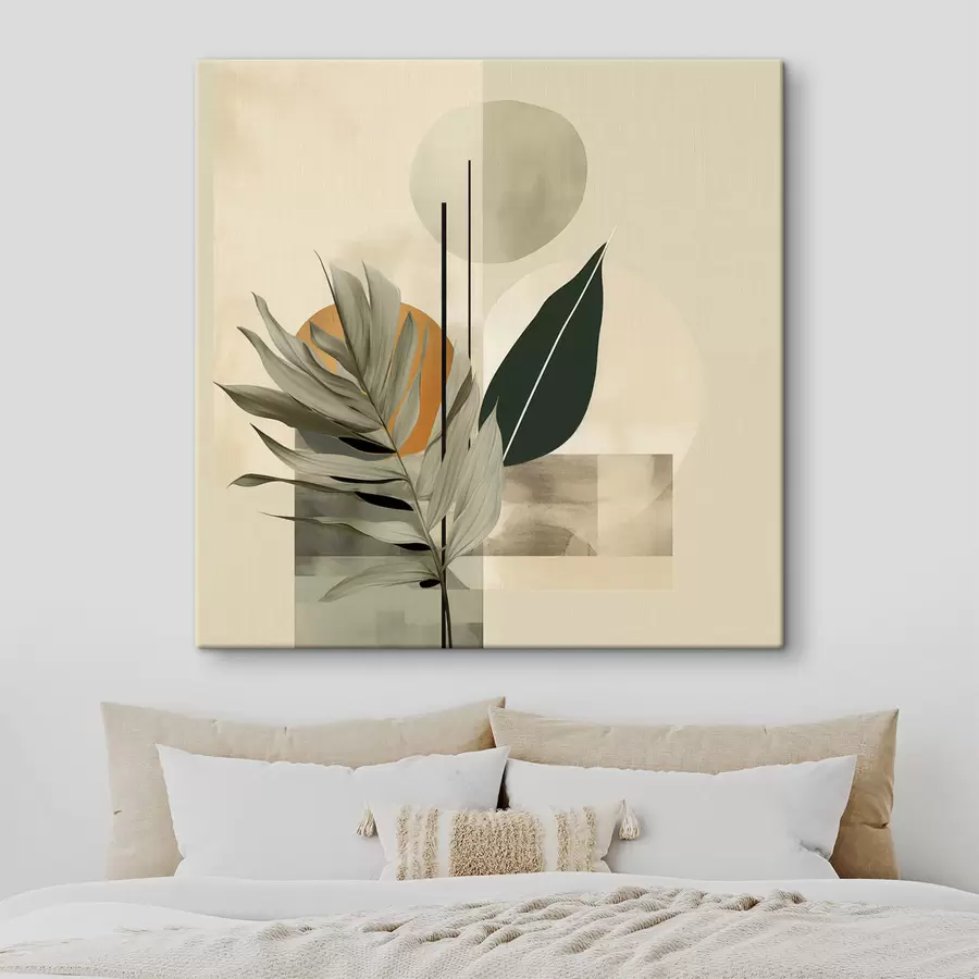 Картина Темно-зелена рослина з абстрактними геометричними фігурами та акварельними текстурами бежевого та зеленого кольорів s48410