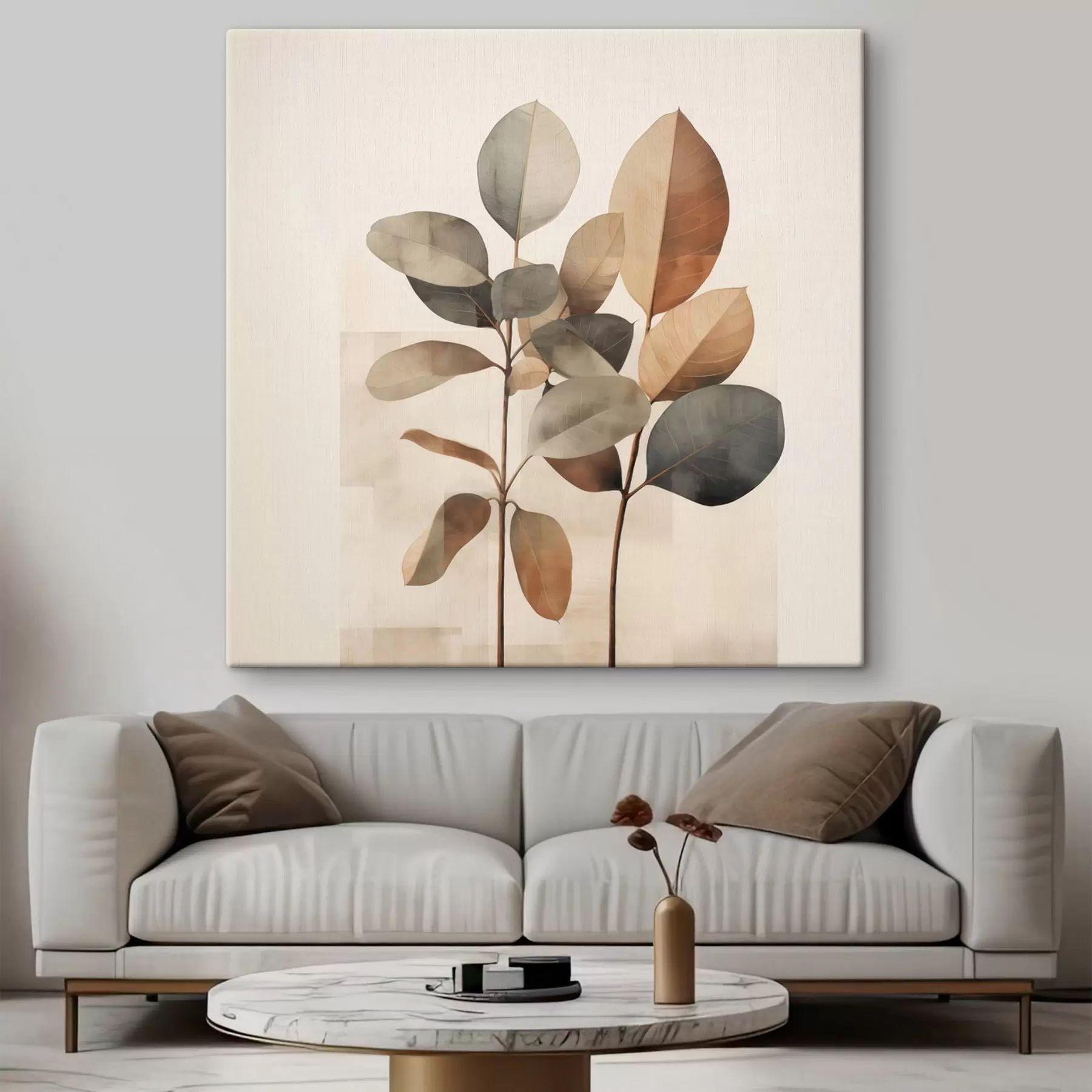 Картина Високі рослини з овальним листям приглушених відтінків та абстрактними прямокутними формами s48413
