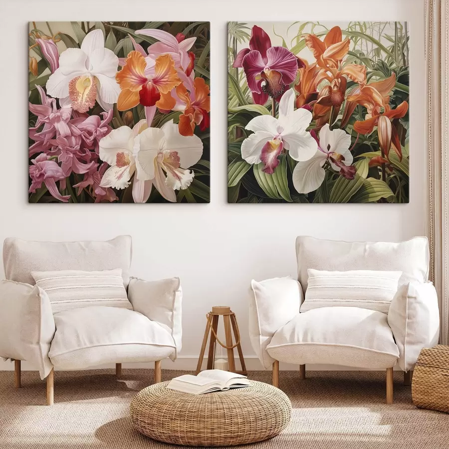Картина Букет тропічних квітів, орхідеї на тлі зеленого листя m30197