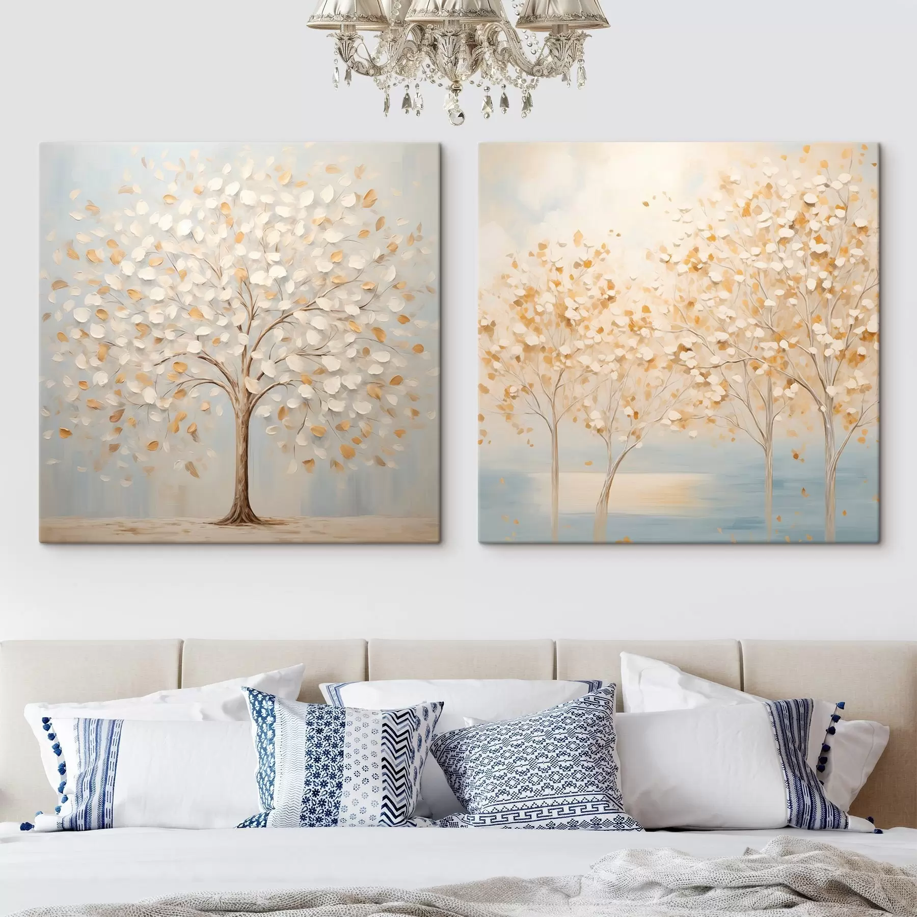 Картина Картина у фактурному стилі, на якій зображені дерева з білим та жовтим листям на світло-блакитному тлі m30200