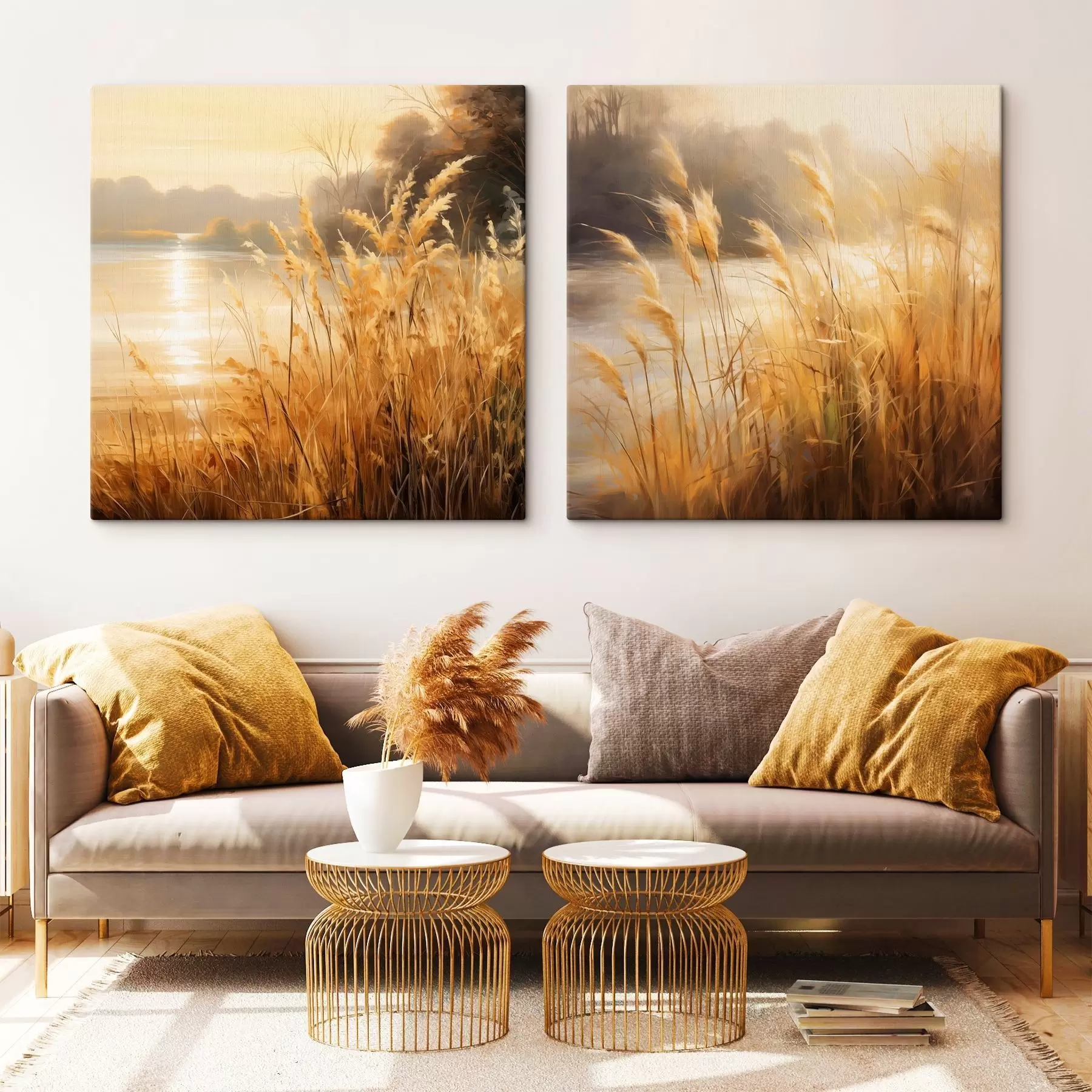 Картина На передньому плані — висока суха трава з колосками, а на задньому — озеро та дерева m30201