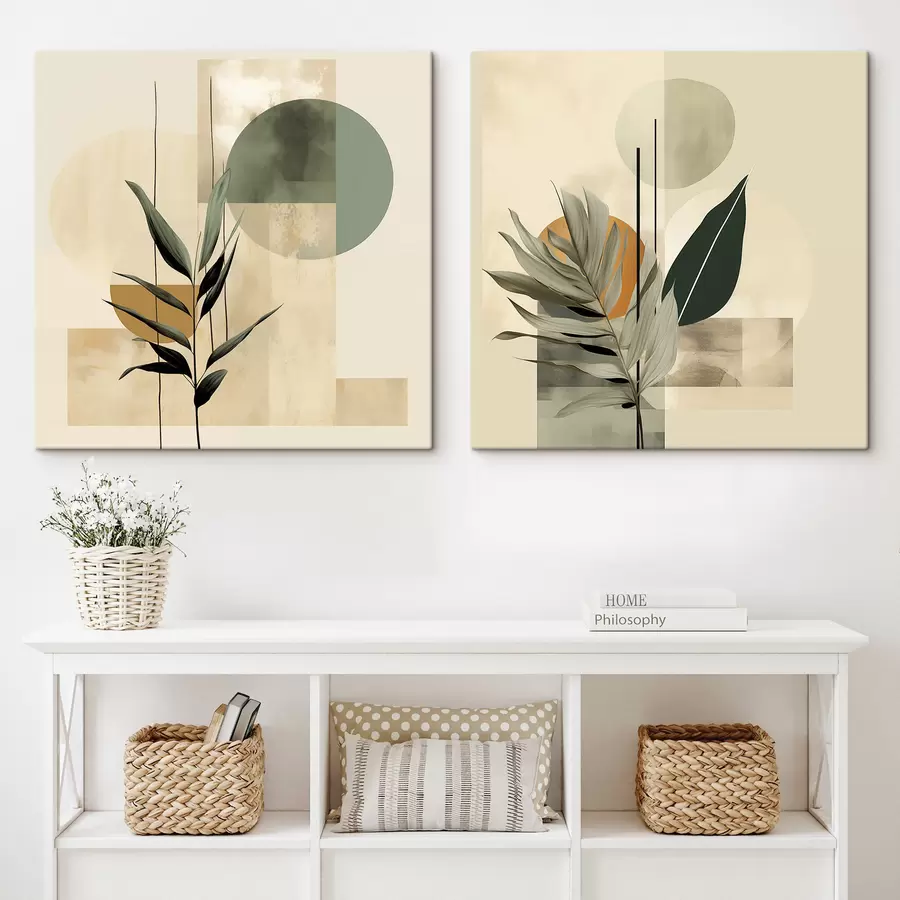 Картина Темно-зелена рослина з абстрактними геометричними фігурами та акварельними текстурами бежевого та зеленого кольорів m30209