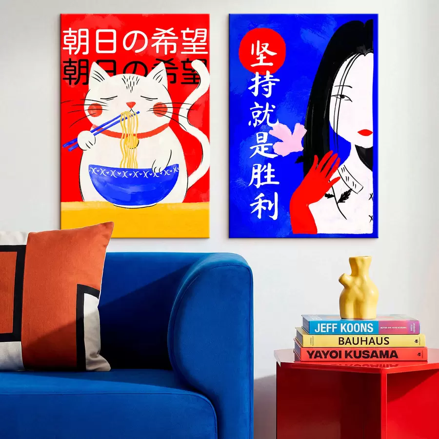 Картина Двопанельний портрет кота та жінки у сміливому стилі m30233