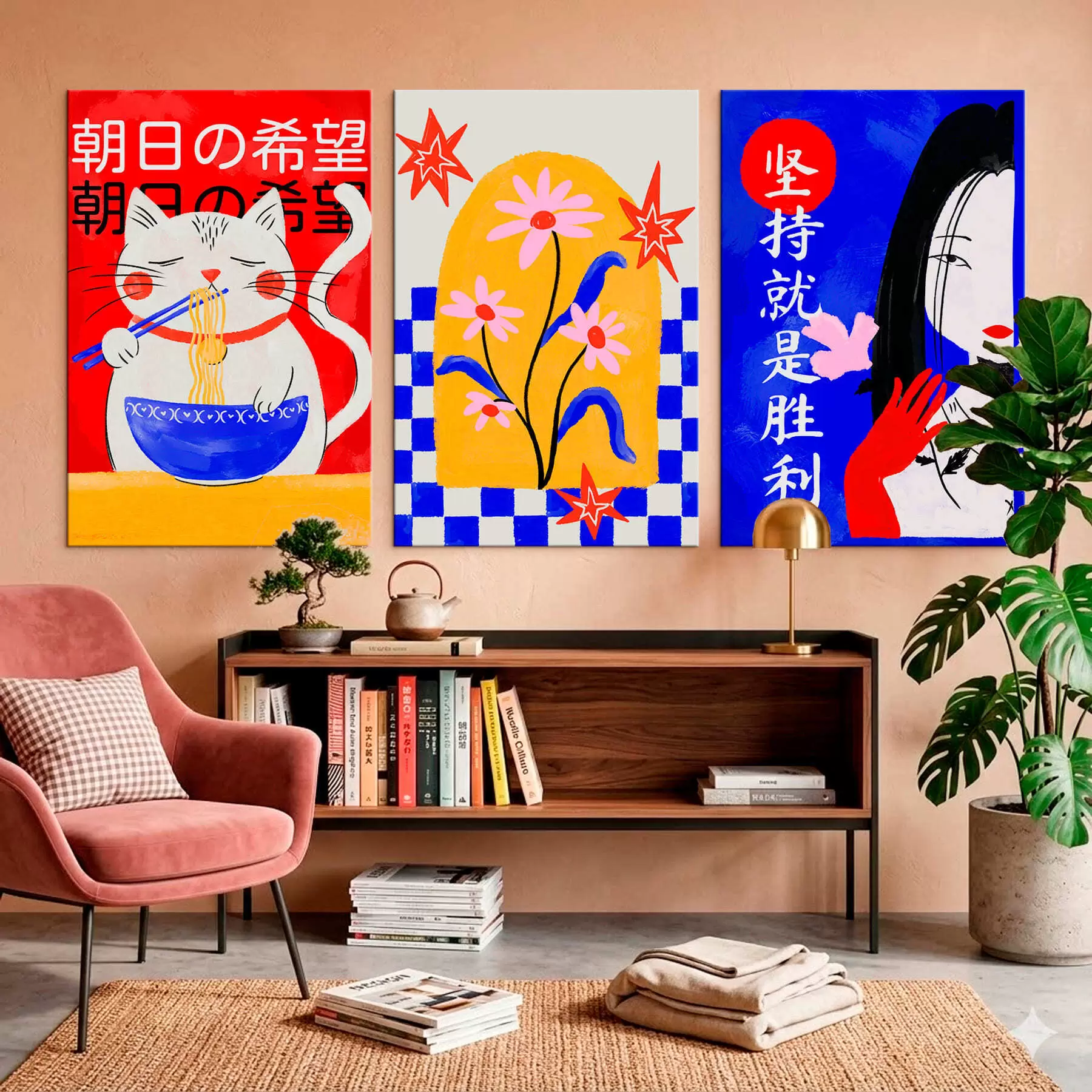 Картина Триптих із зображенням кота, риби та портрета жінки m30240