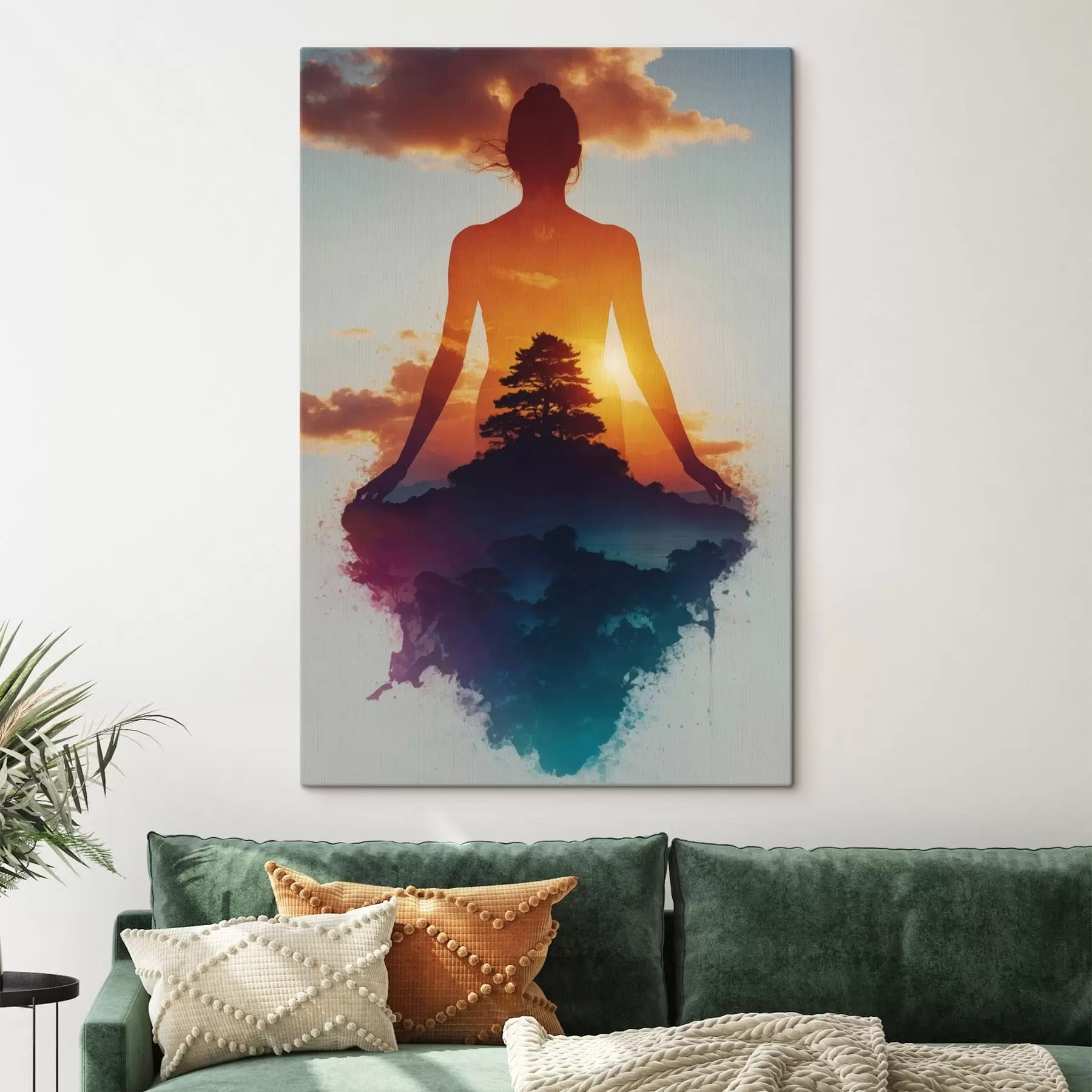 Картина Силует людини на тлі пейзажу із заходом сонця s48364