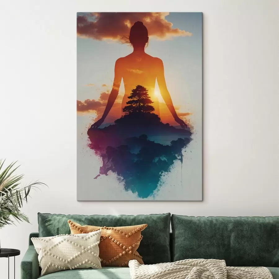 Картина Силует людини на тлі пейзажу із заходом сонця s48364