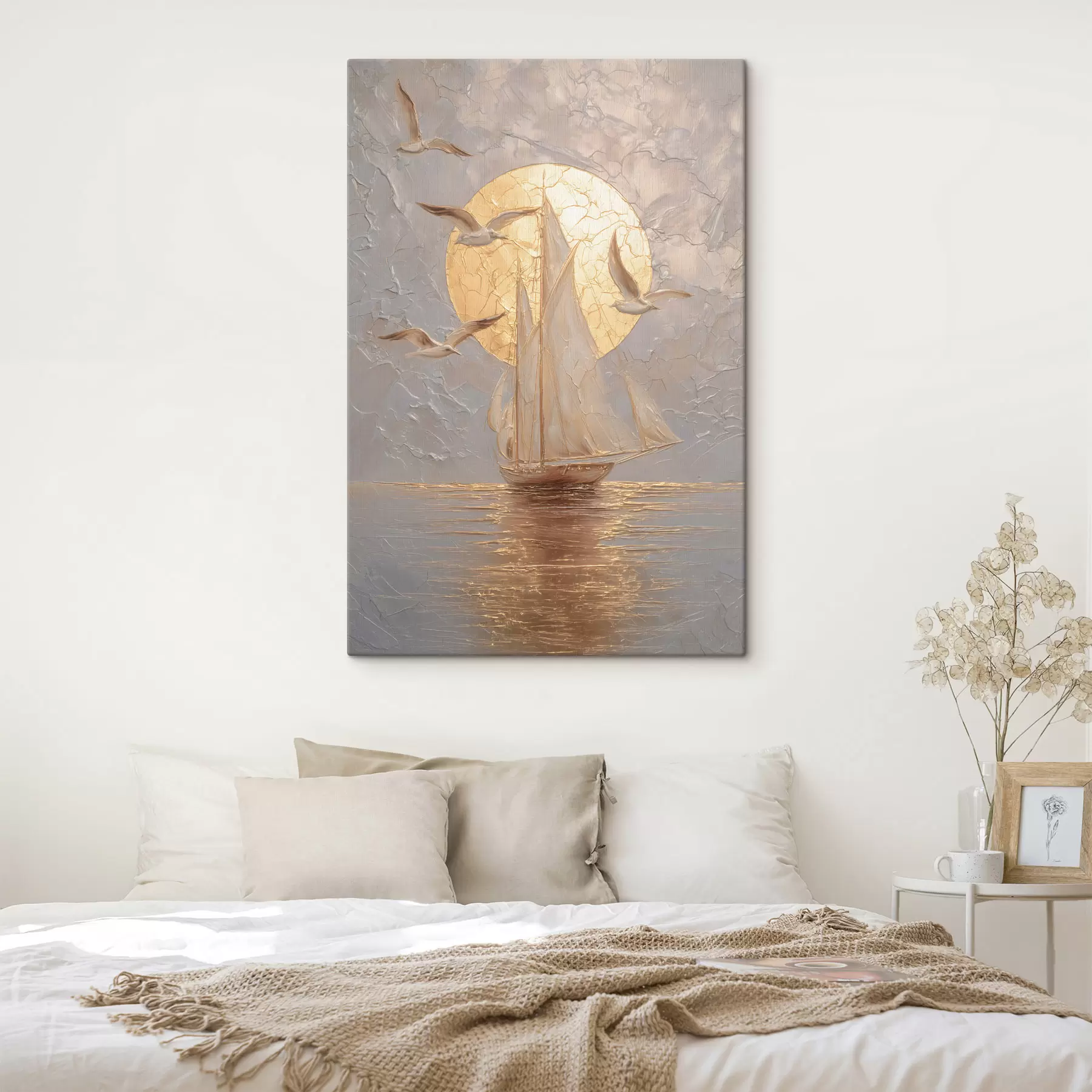 Картина корабель на тлі заходу сонця, виконаний у техніці імпасто s48556