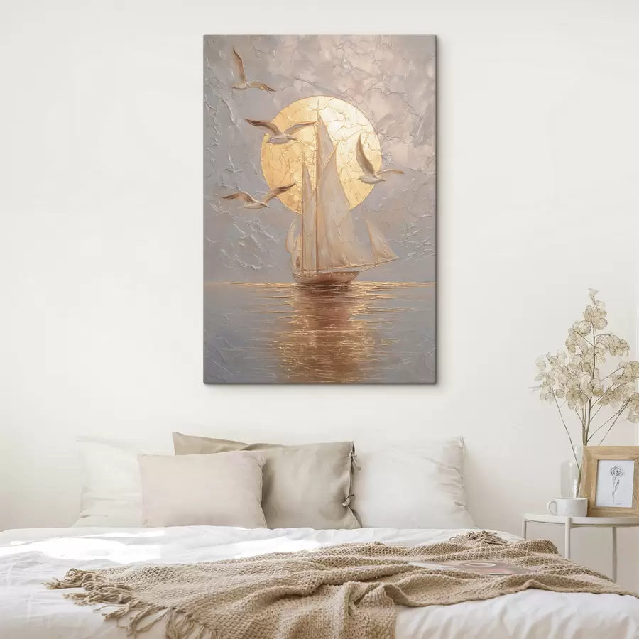 Картина корабель на тлі заходу сонця, виконаний у техніці імпасто s48556
