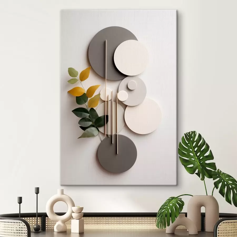 Картина Геометричні кола із зеленою гілкою з листям s48598