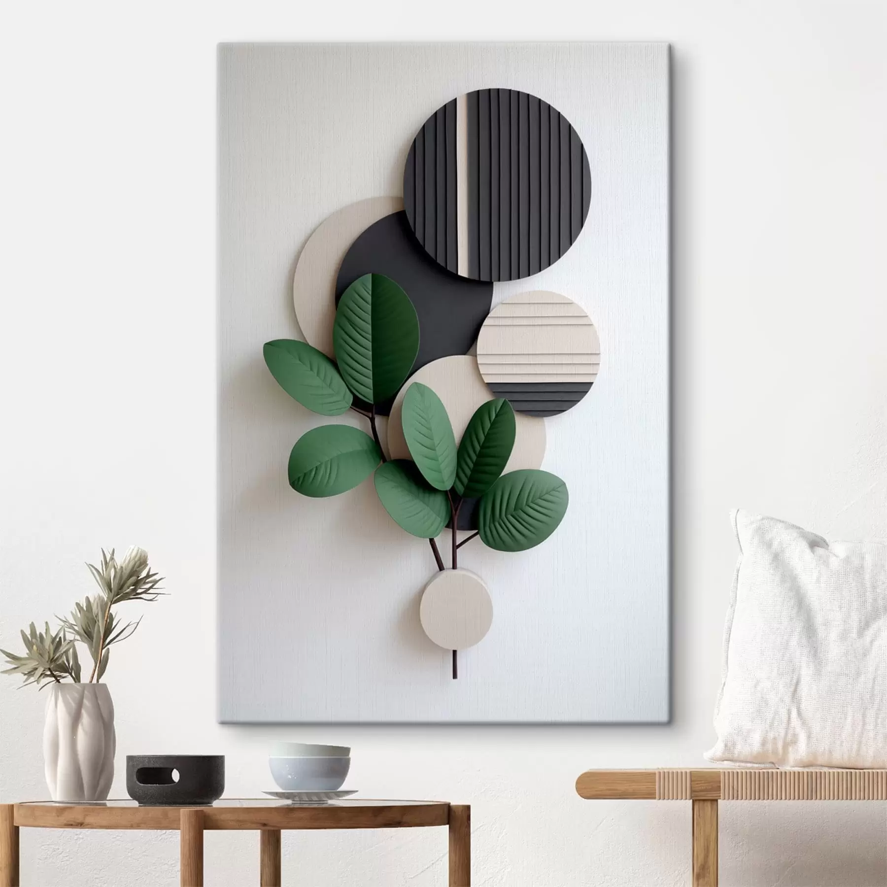 Картина Зелене листя з круглими рельєфними елементами s48603
