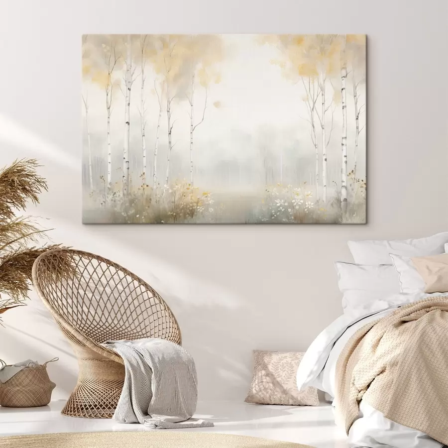 Картина Ліс з рідкісними деревами в тумані, м'які світлі тони s48623