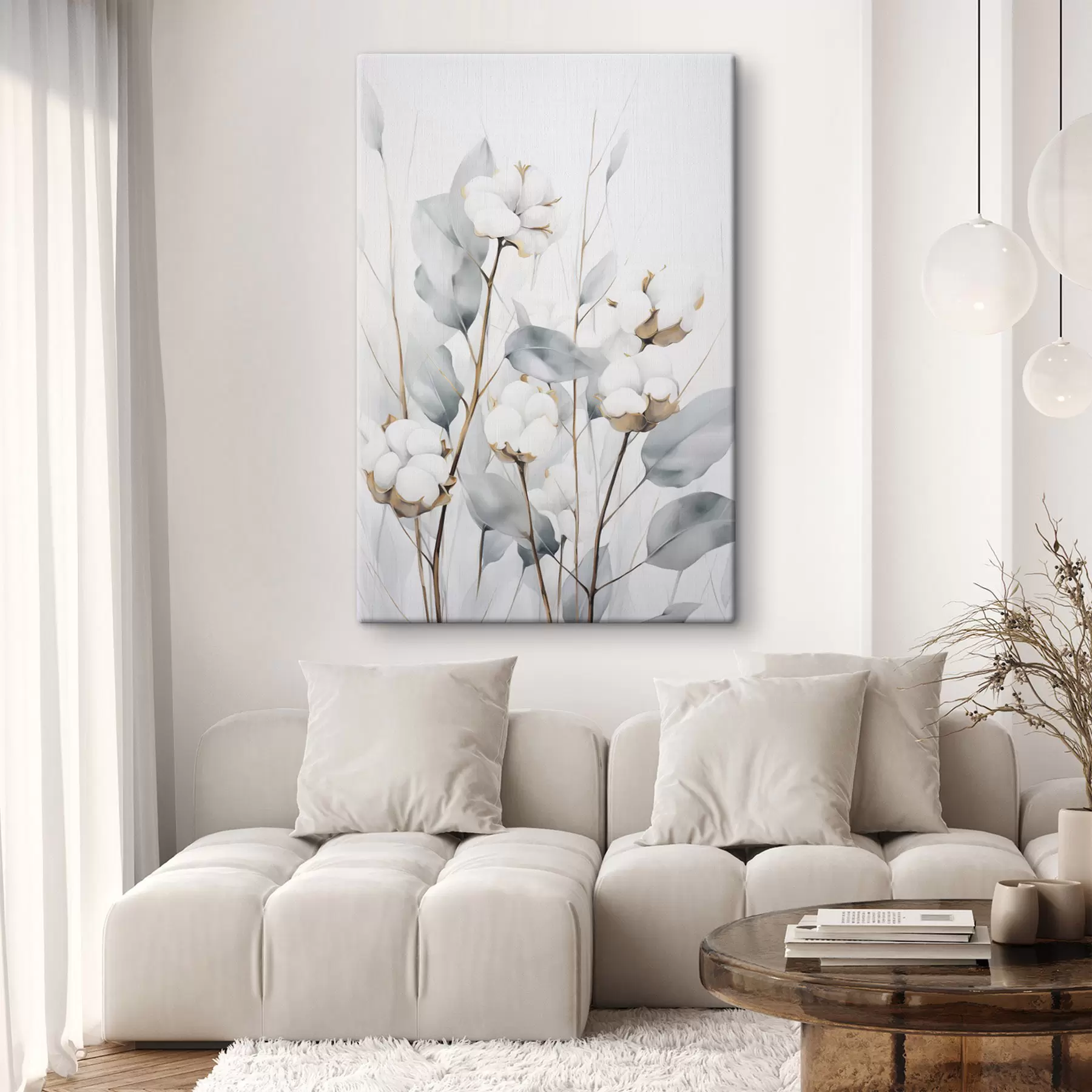 Картина Біла бавовняна рослина з блідо-синьо-зеленим листям на світлому тлі s48743