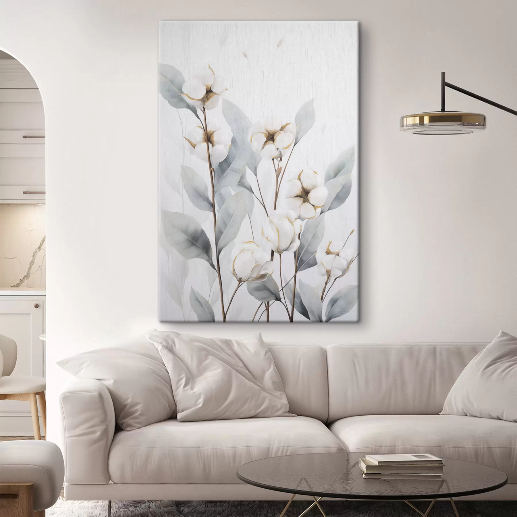 Картина Біла бавовняна рослина з блідо-синьо-зеленим листям на світлому тлі s48744