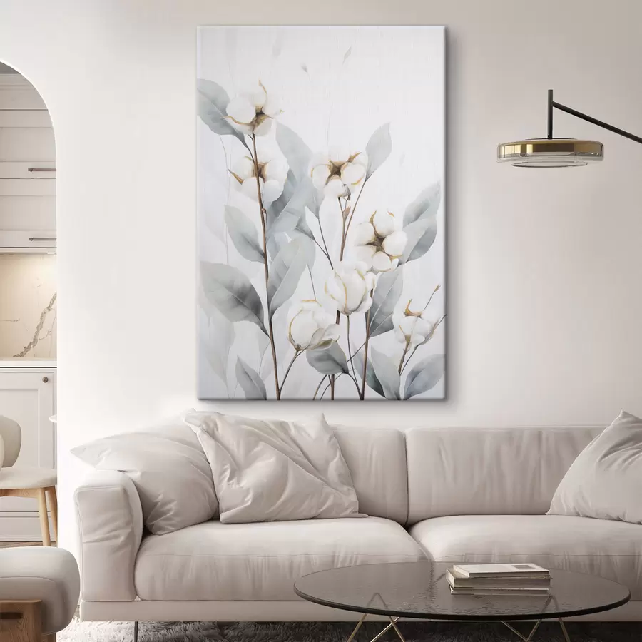 Картина Біла бавовняна рослина з блідо-синьо-зеленим листям на світлому тлі s48744