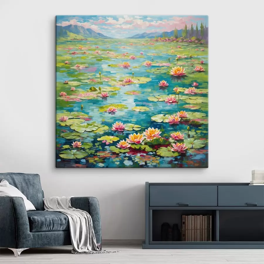 Картина Імпресіонізм: ставку з ліліями та віддаленими горами s48820