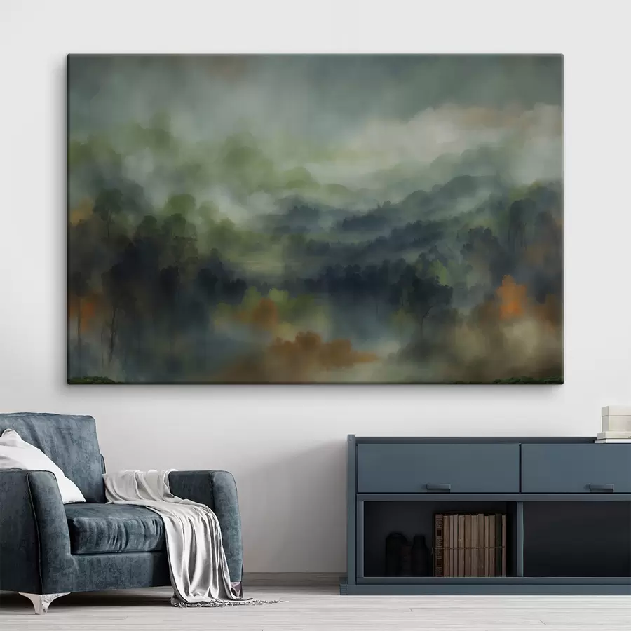 Картина Атмосферний пейзаж туманного лісу в зелених тонах s48821