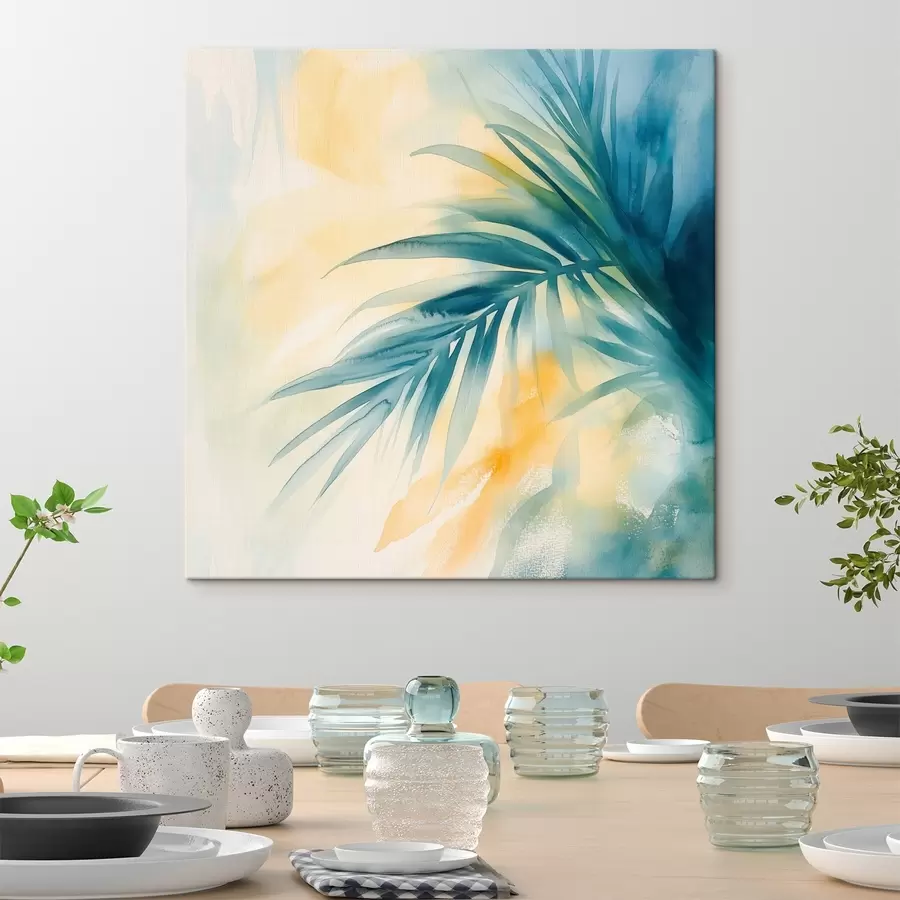 Картина Листя тропічних пальм у синьо-бірюзовій гамі на тлі теплих акварельних плям s48849