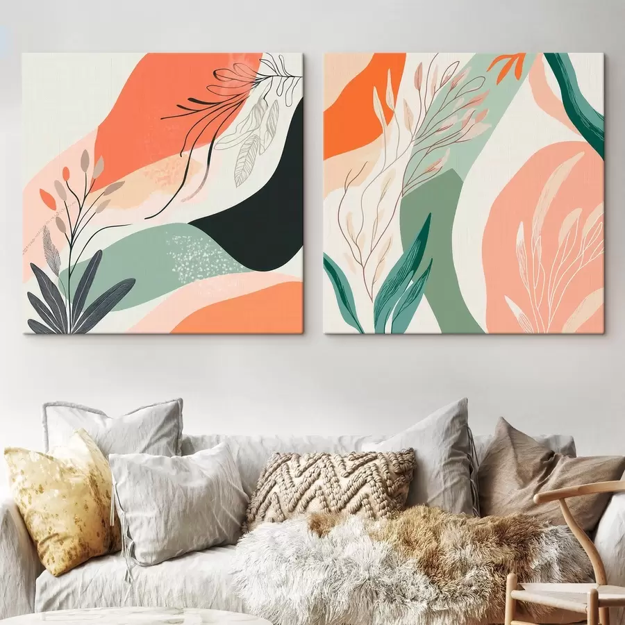 Картина Абстрактний диптих із рослинними мотивами та кольоровими плямами у сучасному стилі m30347